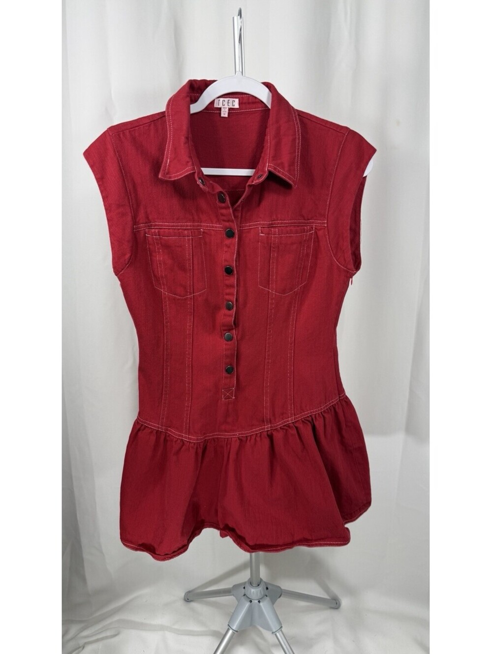 TCEC Red Denim Romper M Sleeveless Snap Front Drop Waist Ruffle Y2K Cowgirl